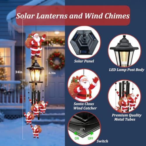 Santa Solar Christmas Wind Chimes, Outdoor Hanging Holiday Decor