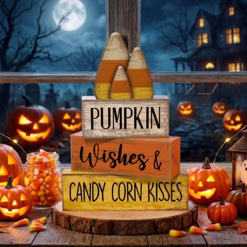 Lineshading 4 Pcs Fall Decoration For Home Wooden Candy Corn Stacked Blocks