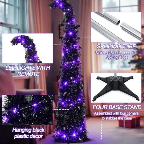 Aurelema 5 ft Curved Halloween Pop up Christmas Tree with Lights Tinsel