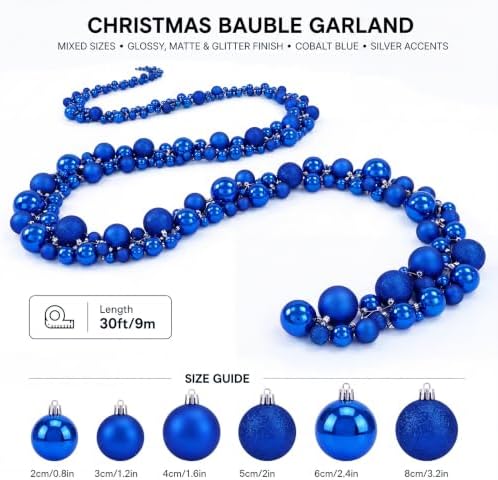 Sosation 29.5Ft Christmas Ball Ornament Garland, Blue, Glossy Matte Glitter