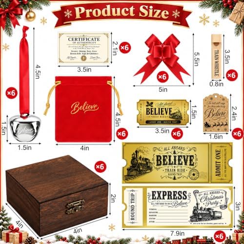 54 Pcs Christmas Believe Bell Golden Ticket Gifts Set Xmas Tree Ornaments
