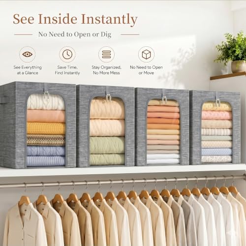 GoMaihe Blanket Storage Bins with Metal Frame for Closet, 55L 6-Pack Grey