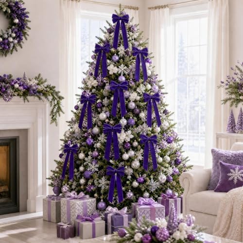 12Pcs Purple Velvet Ribbon Bows Christmas Tree Decorations,5in x 10in Xmas Ornaments for Tree Home Party Front Door Wreath Garland Holiday Decor