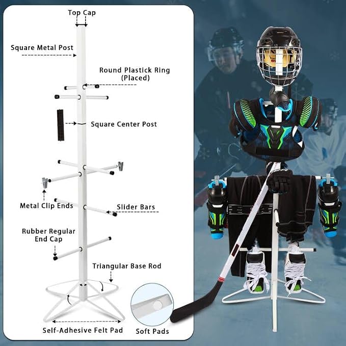Hockey Gear Drying Rack Hockey Drying Rack Metal Sports Gear Storage Dry Rack for Drying and Storing Adult and Child Sports Equipment Hockey Equipment Drying Rack-4 Additional Hanging Clips