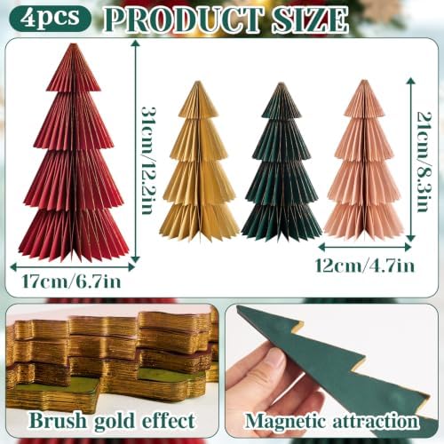 SUNBEAUTY 4PCS Paper Christmas Tree Honeycomb Centerpiece 3D Xmas Trees Table Centerpiece Paper Tree Christmas Home Decoration Vintage Christmas Decorations for Home Xmas Holiday Party