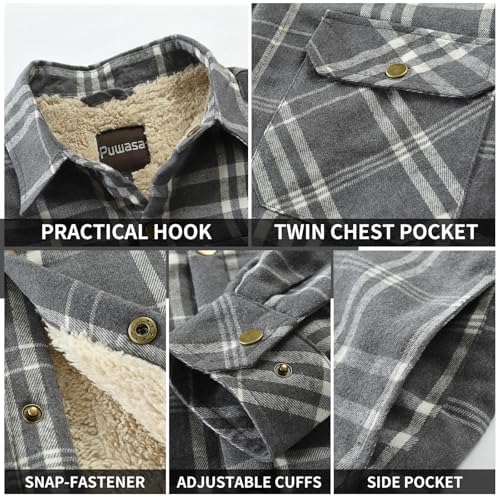 Men's Sherpa Cotton Flannel Shirt Jacket Plaid Button Coat Pocket