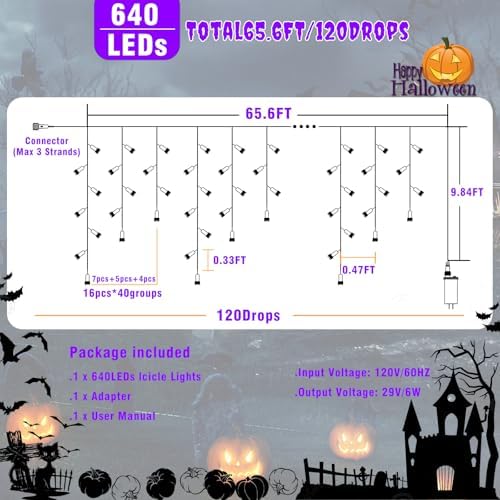 66ft Christmas Lights Outdoor, 640 LED Icicle Lights for Outside, Orange and Purple Twinkle Lights with Connectable Clear Wire 8 Modes Timer Waterproof for House Party Tree Holiday Yard Decorations
