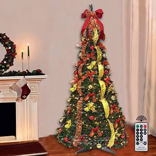 6FT Prelit Pop Up Artificial Christmas Tree Pull with Lights, Decorations, Remote - Red, Gold Ornaments, Bows, Ribbons