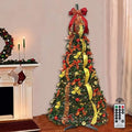 6FT Prelit Pop Up Artificial Christmas Tree Pull with Lights, Decorations, Remote - Red, Gold Ornaments, Bows, Ribbons