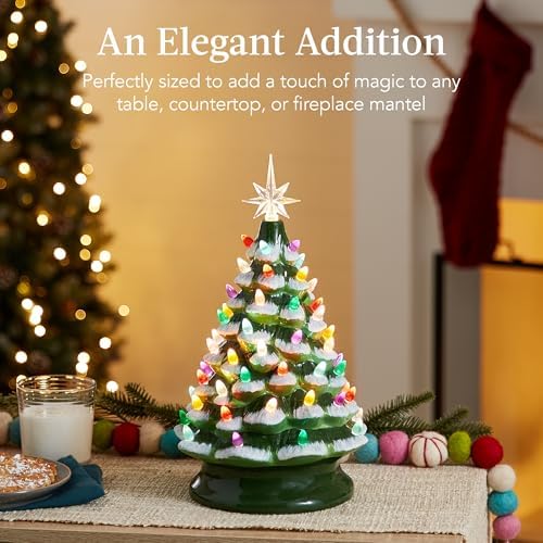 Best Choice Products 15in Ceramic Christmas Tree, Pre-lit Hand-Painted Tabletop Holiday Tree, 2 Star Toppers, 64 Lights - Flocked w/Multicolored Bulbs