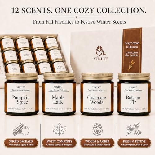 YINUO Fall & Winter Scented Candles for Home, 12 Pack Gift Set, 3.5 oz Each