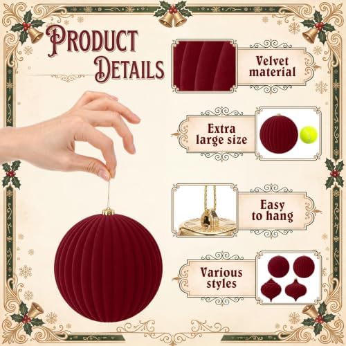 Civaner 8 Pcs Large Velvet Christmas Ball,6 Inch,Burgundy