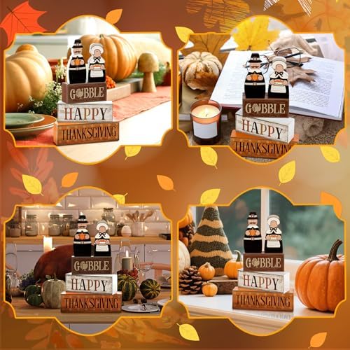 Lineshading 4 Pcs Thanksgiving Table Decor, Wooden Pilgrim Couple Sign Set