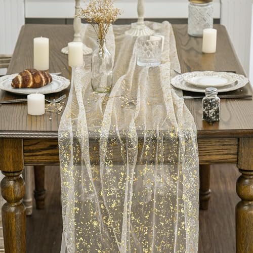 Artoid Mode 6Pcs Beige Gold Gauze Table Runner 120 Inch 10FT, Glitter Metallic Foil Sheer Dining Wedding Anniversary Holiday Birthday Table Decor for Home Party