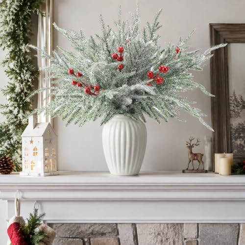 Watayo 35 Pcs Christmas Snow Norfolk Pine Branches with Red Berry Stems