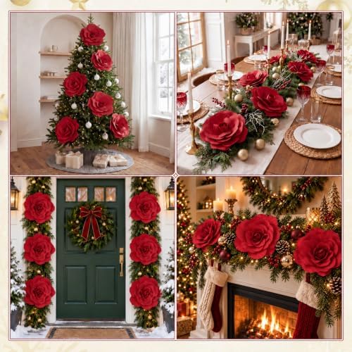 WinnerWhy 6 Pcs Extra Large 16'' Artificial Rose for Christmas Tree Decor