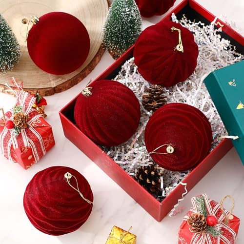 Liliful 4 Inch 12 Pcs Velvet Christmas Ornaments Balls, Wine Red