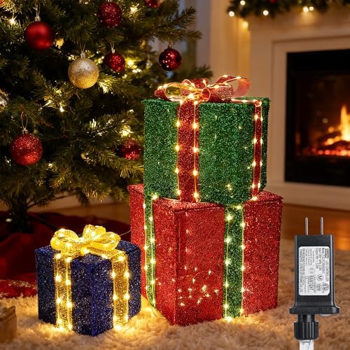 Set of 3 Christmas Lighted Gift Boxes - Warm White 160 LEDs Outdoor Decor