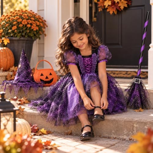 Meland Witch Costume for Girls, Light up Halloween Costumes Aged 3-10