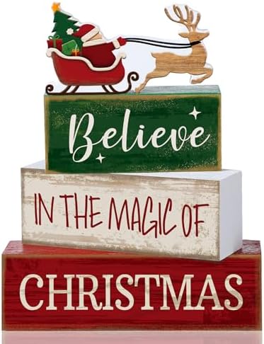 Lineshading 4 Pcs Christmas Table Decorations Wooden Stacked Block Santa