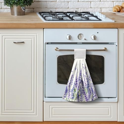 Lavender Kitchen Hanging Towels Set of 2 Purple Floral Hand Towel with Loop Spring Summer Flower Dish Cloth Dry Towel Soft Absorbent Fingertip Bath Tie Towel for Bathroom Farmhouse Decor