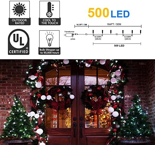 164Ft 500 LED White Christmas Lights, Waterproof 8 Twinkle with Memory Functions Christmas Tree Lights for Indoor Outdoor Christmas Tree Garden Decoration (164FT, White)