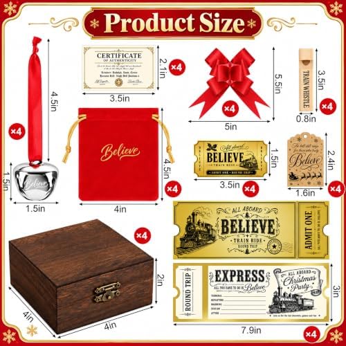 36 Pcs Christmas Believe Bell Golden Ticket Gifts Set Xmas Tree Ornaments