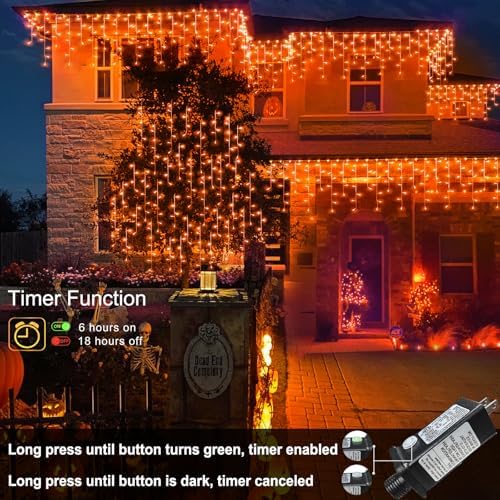 66ft Orange Halloween Lights Outdoor, 640LED Icicle Lights for Outside Indoor Twinkle Christmas Light with Connectable Clear Wire 8 Modes Timer Waterproof for House Party Tree Holiday Yard Patio Decor