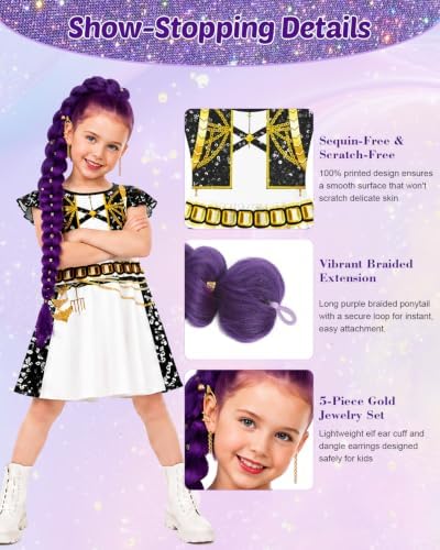 Halloween Costume Kids Pop Singer Golden Costume Girls with Wig Purple Braiding Ponytail Hair Extension Dress Set