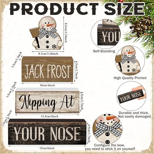 Moucuny 4 Pcs Wooden Block Signs Snowman Farmhouse Table Decoration