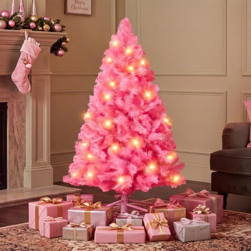 DUMOS 4.5 Ft Pre-lit Christmas Tree, Pink Artificial Xmas Tree