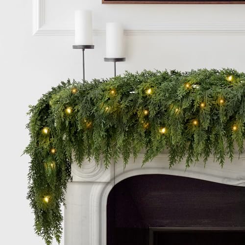 2Pcs 12FT Christmas Garland with LED Lights, Real Touch Cedar Garland