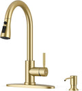 WEWE Kitchen Faucet with Soap Dispenser and Pull Down Sprayer, RV Single Handle Classic 3 Modes Stainless Steel Faucet for Kitchen Sink, RV, Gold