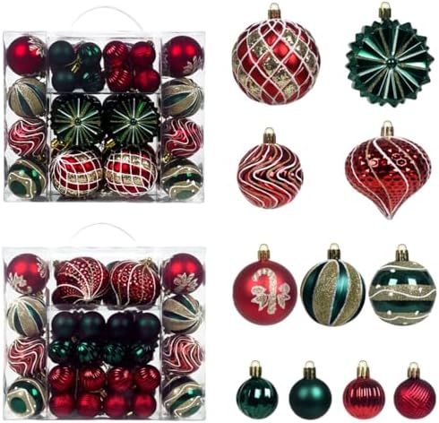 48 Pcs Christmas Balls Ornaments for Christmas Tree, Painted Shatterproof Plastic Decorative Baubles Hanging Ornaments for Xmas Tree Wreath Holiday Party Wedding Decoration, Red Green