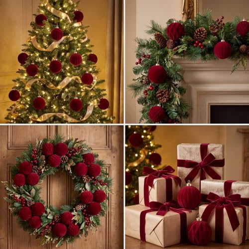 Christmas Ornaments Set Burgundy Velvet 2.36 in Decorative Balls