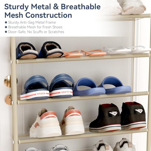 Whitmor 36 Pair Over the Door Shoe Rack,12 Tier Hanging Shoe Organizer with Metal Frame & Mesh Shelves, Heavy Duty Shoe Storage Holder for Door, No Drill Installation, 74" H x 21.7" W x 7.5" D, Oat