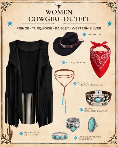 Women Western Cowgirl Outfit 8Pcs Tassel Vest Hat Bandana Jewelry Set