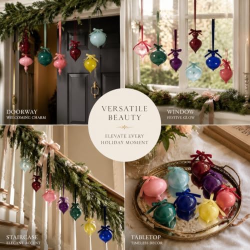 Hungdao 9 Pcs Vintage Colorful Glass Christmas Ornament with Bows, Bright