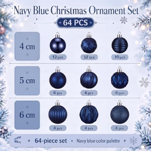 Lunmon 64 Pcs Navy Blue Christmas Ornaments Midnight Blue Xmas Tree Baubles