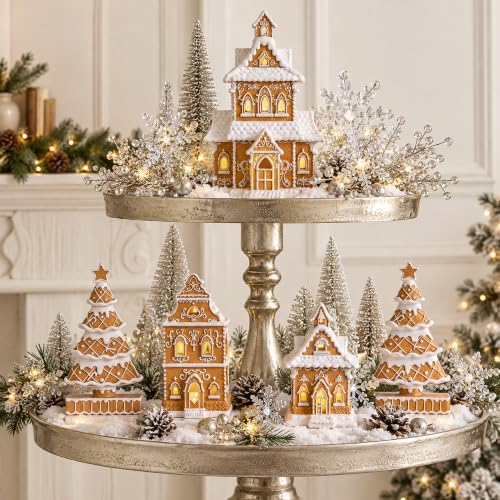 Gingerbread House Christmas Decorations - 5PCS Village Set with Trees