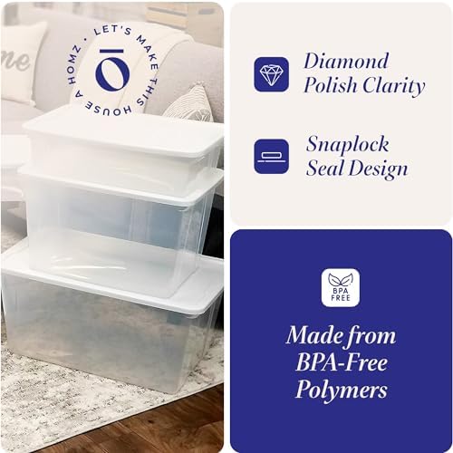 HOMZ Snaplock, Large Clear Plastic Storage Organizer Bins w/Lids, 2 Pack