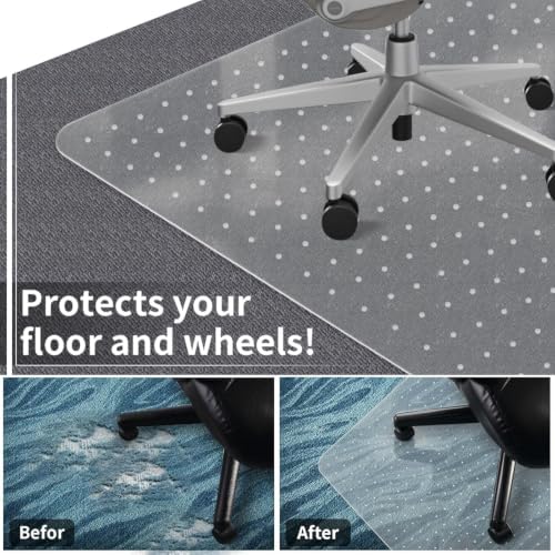 Office Chair Mat for Carpeted Floor, 63"x51" Clear Desk Mat for Carpet Large Protector Floor Mat On Low Pile Carpets, Easy Glide Rolling Plastic Floor Mat, Computer Chair Mat for Home Office