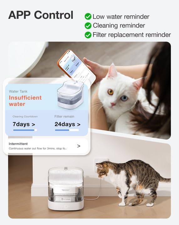 PETGUGU Cat Water Fountain Indoor Cat Fountain with Wireless Pump, 8 Layers Filters, 2L Pet Water Fountain, Automatic Dog Water Dispenser