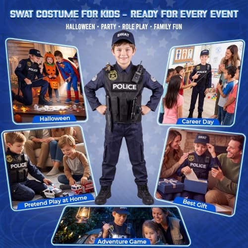 YADIYA Halloween SWAT Police Costume for Kids Boys Cop Costume Swat Vest