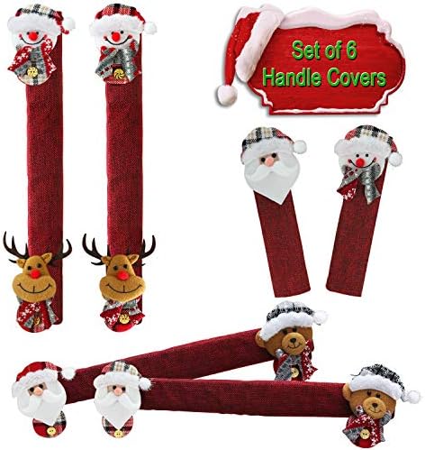 Mosoan Christmas Decorations Indoor 6 Pack Christmas Refrigerator Fridge Door Handle Covers, Santa Snowman Christmas Kitchen Decor Appliance Handle Cover Xmas Holiday Decor