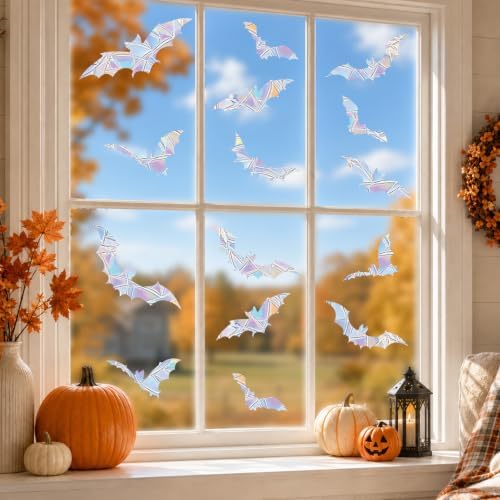 Halloween Bat Rainbow Window Clings, 26 Bats Suncatcher Sticker Decorations