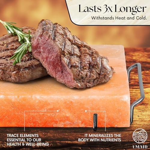 UMAID Himalayan Salt Block Cooking Plate 12x8x1.5 – Food Grade Pink Himalayan Salt Stone for Cooking, Grilling, Serving & Food Presentation – Includes Stainless Steel Tray & Recipe Booklet – Unique Gifts for Men & Women