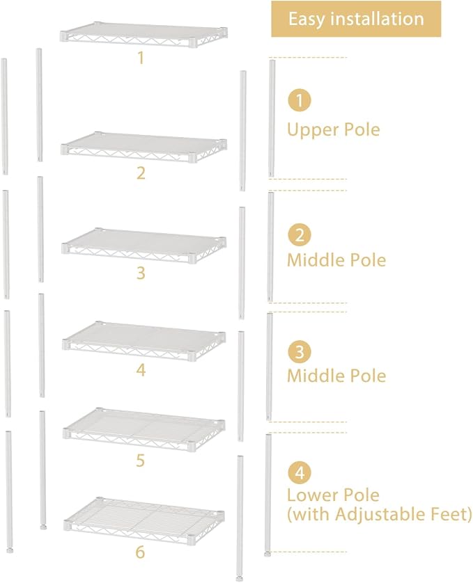SINGAYE 6 Shelves Storage Shelf Wire Shelving Unit Metal Adjustable Wheels | Small Shelf Storage with Wheels Organizers Closet Unit for Bathroom Laundry Room Kitchen Pantry11.5D x 17.5W x 61.5H White