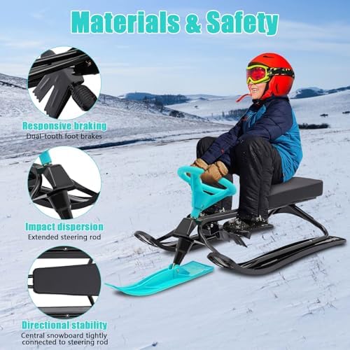 220.5LBS Load Snow Racer Sled, Kart Ski Sled Slider Board w/Foot Brakes, 31.1In Baseboard Steel Frame Skiing Kids Ride Outdoor Winter Toboggan w/Anti-Slip Pedal
