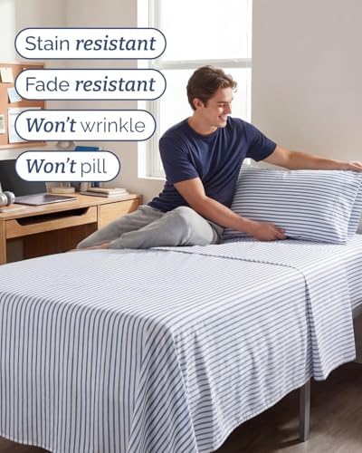 Twin XL Size 3 Piece Sheet Set - Breathable & Cooling Sheets - Blue Stripes